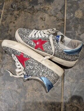 Golden Goose MAY Skate Shoe Inspired Silver Glitter Genuine Leather Sneakers